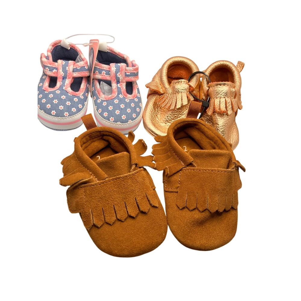Baby Shoes Lot (3) Sizes 1–2 3-6 Months Moccasins & Floral Mary Janes